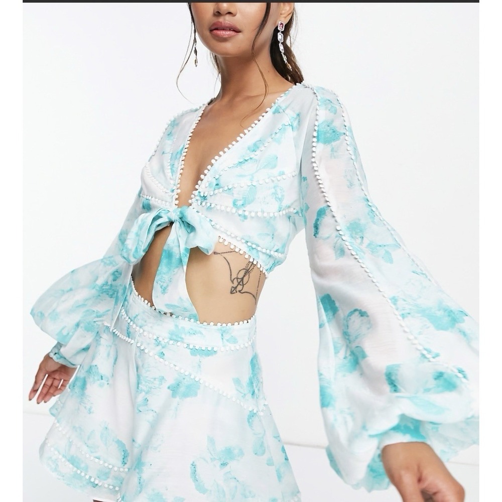 ASOS Design Floral Tie Front Blouson Sleeve Crop Top Lace Trim Green Boho Sz 12